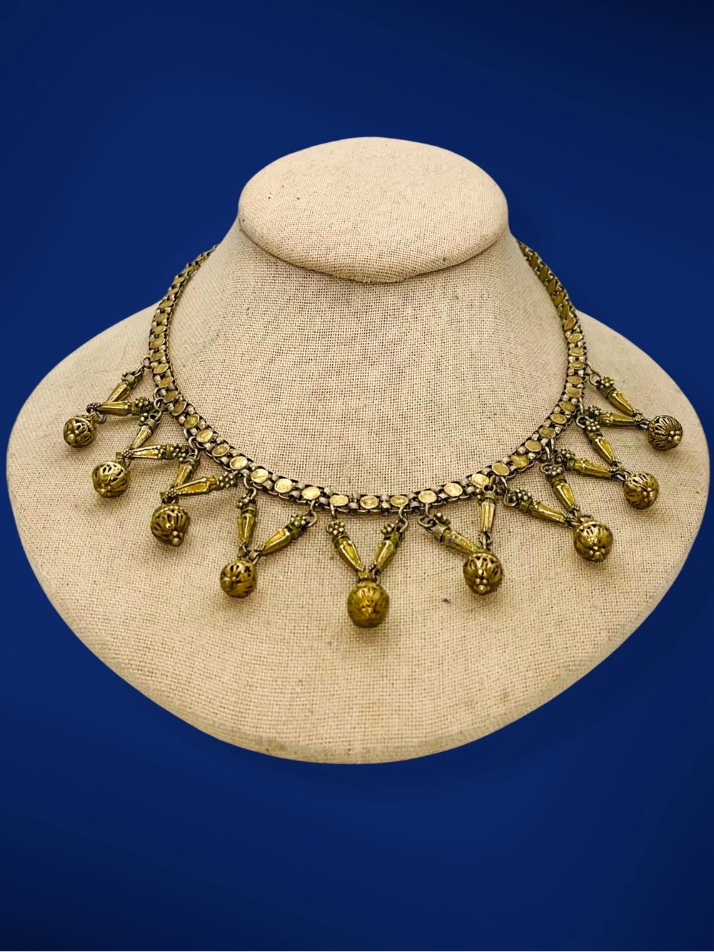 Vintage Ethnic Brass Festoon Bib Necklace Dangle Fringe Drop Statement
